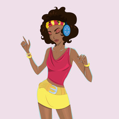 Cute cartoon woman dancing with headphones. vector illustration