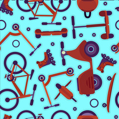 Cute bright seamless pattern with contrast orange teenager bikes and scooters in sticker style on blue background. Cartoon youth city transport texture for textile, wrapping paper, package