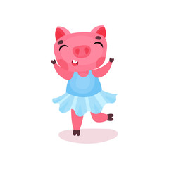 Obraz na płótnie Canvas Cute happy pig character in a blue dress, funny cartoon piggy animal vector Illustration