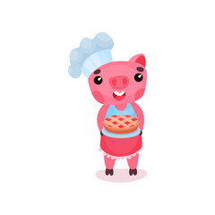 Cute smiling pig chef character holding freshly baked pie, funny cartoon piggy animal vector Illustration