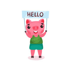 Cute pig character holding banner with Hello text overhead, funny cartoon piggy animal vector Illustration