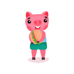 Cute pig character eating burger, funny cartoon piggy animal vector Illustration