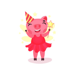 Cute pig character in a pink dress and party hat standing with magic wand, funny cartoon piggy animal vector Illustration