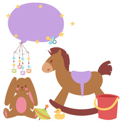 Baby toys icons cartoon family kid toyshop design cute boy and girl childhood art diaper drawing graphic love rattle fun vector illustration.