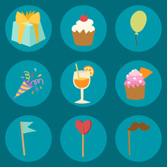 Happy birthday party celebration entertainment confetti present balloon decoration for holiday fun anniversary congratulation vector illustration.