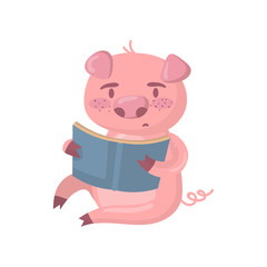 Cute smart pig character reading a book, funny cartoon piggy animal sitting on the floor vector Illustration