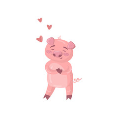 Cute pig character in love, funny cartoon romantic piggy animal vector Illustration