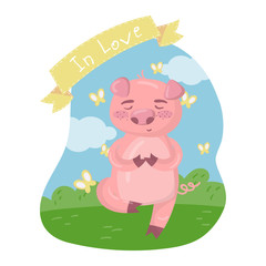Cute pig character meditating while sitting on green lawn in summer day. In love vector Illustration in cartoon style, design element for poster or banner