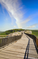 Wooden bridge and Gate of ancient fortress. Ovech Fortress, Provadia, Bulgaria