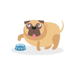 Cute pug dog character and empty bowl, pet dog asking for food cartoon vector Illustration