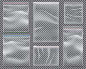 Transparent Nylon Bag with Lock or Zip. Set of Isolated Sealed Polythene Packs. © BooblGum