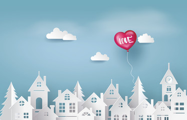 Illustration of Love and Valentine Day, balloon heart shape floating on the sky  over village , Paper art and craft style.