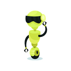 Cute and friendly robot on wheel, artificial intelligence cartoon vector Illustration