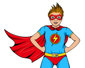 Wow face. Cute surprised little boy dressed like superhero with open mouth shows his power. Vector object in retro pop art comic style isolated on white background. Party invitation character.
