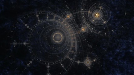 Old clock or ancient nautical instrument, compass, animation of cogs working together on dark blue grunge parchment, gears rotating, abstract illustration, background