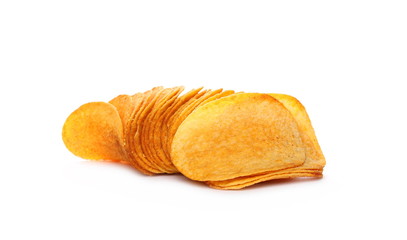 Barbecue flavored potato chips isolated on white background
