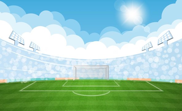 Football arena field with lights sun daytime vector design. Vector illustration