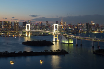 Fototapeta premium Tokyo, JAPAN - November 19 ,2017 : See night cityscape from Fuji TV Building at Odaiba in sunset.