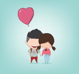 Girl and Boy with heart shaped balloon, happy birthday, drawing by hand vector