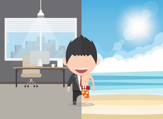 Happy face businessman a concept of balancing personal life between office and holiday. Vector illustration
