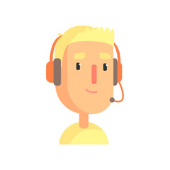 Male call center worker, online customer support service assistant with headphones cartoon vector Illustration