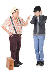 Asian senior man angry young man in the studio with a white background.