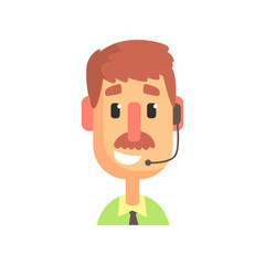 Cheerful male call center agent, online customer support service assistant with headphones, cartoon vector Illustration