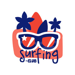 Surfing club logo, surf retro badge with sunglasses vector Illustration