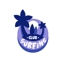 Surfing club logo, surf retro badge with palms in blue color vector Illustration