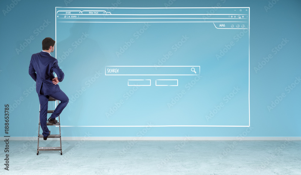 Poster businessman watching website page sketch on a wall 3d rendering