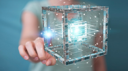 Businesswoman using futuristic cube textured object 3D rendering