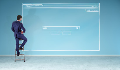 Businessman watching website page sketch on a wall 3D rendering
