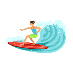 Cheerful male surfer riding a big wave, water extreme sport, summer vacation vector Illustration