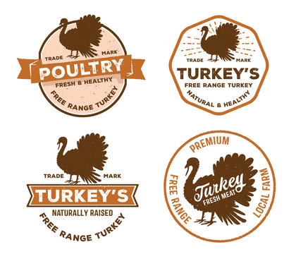 vector vintage badge label logo of poultry, farm, meat shop, butcher, turkey livestock free range local farm