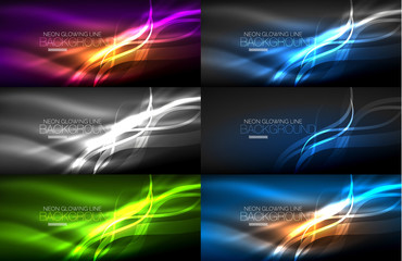 Set of neon smooth light glowing waves in the dark, abstract backgrounds