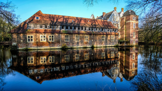Senden, Coesfeld, Munsterland December 2017 - Watercastle Wasserschloss Schloss Senden during sunny day in Winter