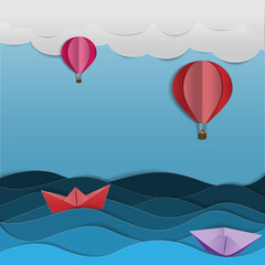 Design is paper cut, balloon in the sky with blue  background.