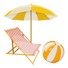 Beach umbrella and lounge chair on white background, cartoon illustration of beach accessories for summer holidays. Vector
