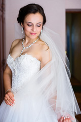 Portrait of a beautiful tender young bride with evening festive hair and gentle make-up in a snow-white dress at home