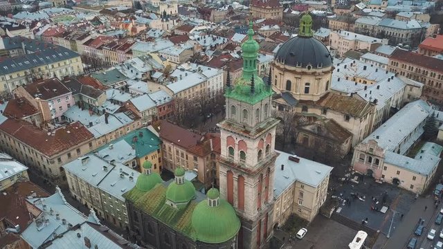 Aerial view of the historical center of Lviv. Shooting with drone