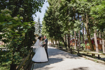 the bride and groom dance and kiss on a wedding day