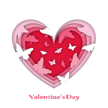 Greeting card for Valentine's Day. Volumetric hearts, with butterflies, Origami, paper style. On a white background. 10 eps