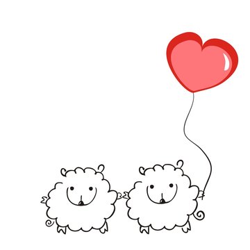 Two sheep with a balloon in the shape of a heart on a white background. Vector illustration. Doodle art. Love and Valentine's day.