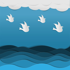 Flocks of birds flying in the sky Fly through the blue sea in paper art style.
