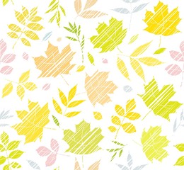 The leaves of the trees, seamless background, white, color, shading, vector. Yellow, green and pink leaves on a white field. Vector color pattern. 