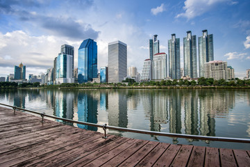 Naklejka premium Bangkok city - Cityscape downtown Business district urban area , reflection landscape Bangkok Thailand 
