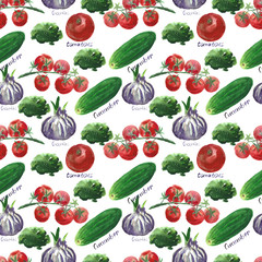 Watercolor seamless pattern. Hand painted vegetables . Broccoli, garlic, tomatoes, onion, cucumber.
