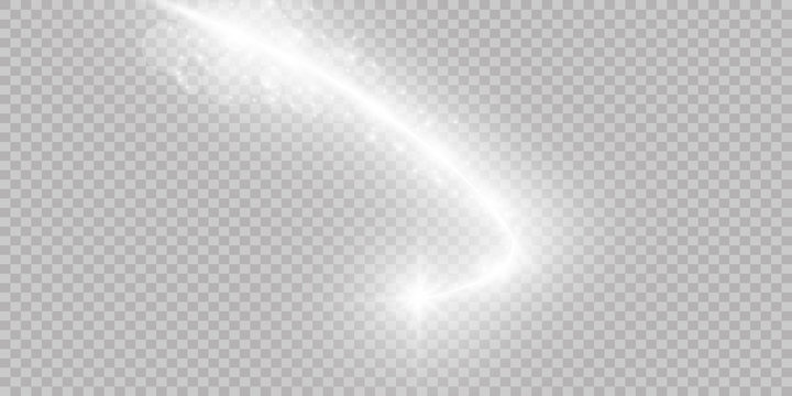 Comet flying on a transparent background, flying and bright. Vector illustration. Light, radiance and rays.