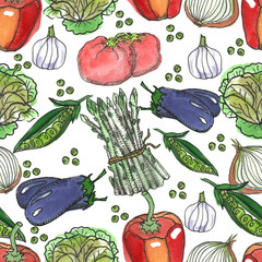 Watercolor seamless pattern. Hand painted vegetables . Paprica, asparagus, garlic, tomatoes, onion, egg plant, cauliflower, green pea.