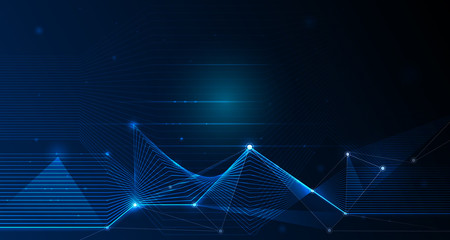 Abstract futuristic - Molecules technology with linear and polygonal pattern shapes with mesh lines and bright glitter on dark blue background. Illustration Vector design digital technology concept